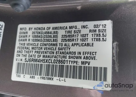 2012 Honda Cr-V Ex из США, поврежденный, VIN 5J6RM4H5XCL028601